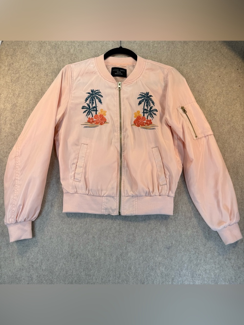 Love Tree Pink Satin Embroidered “Aloha” Bomber Jacket Women’s Sz M